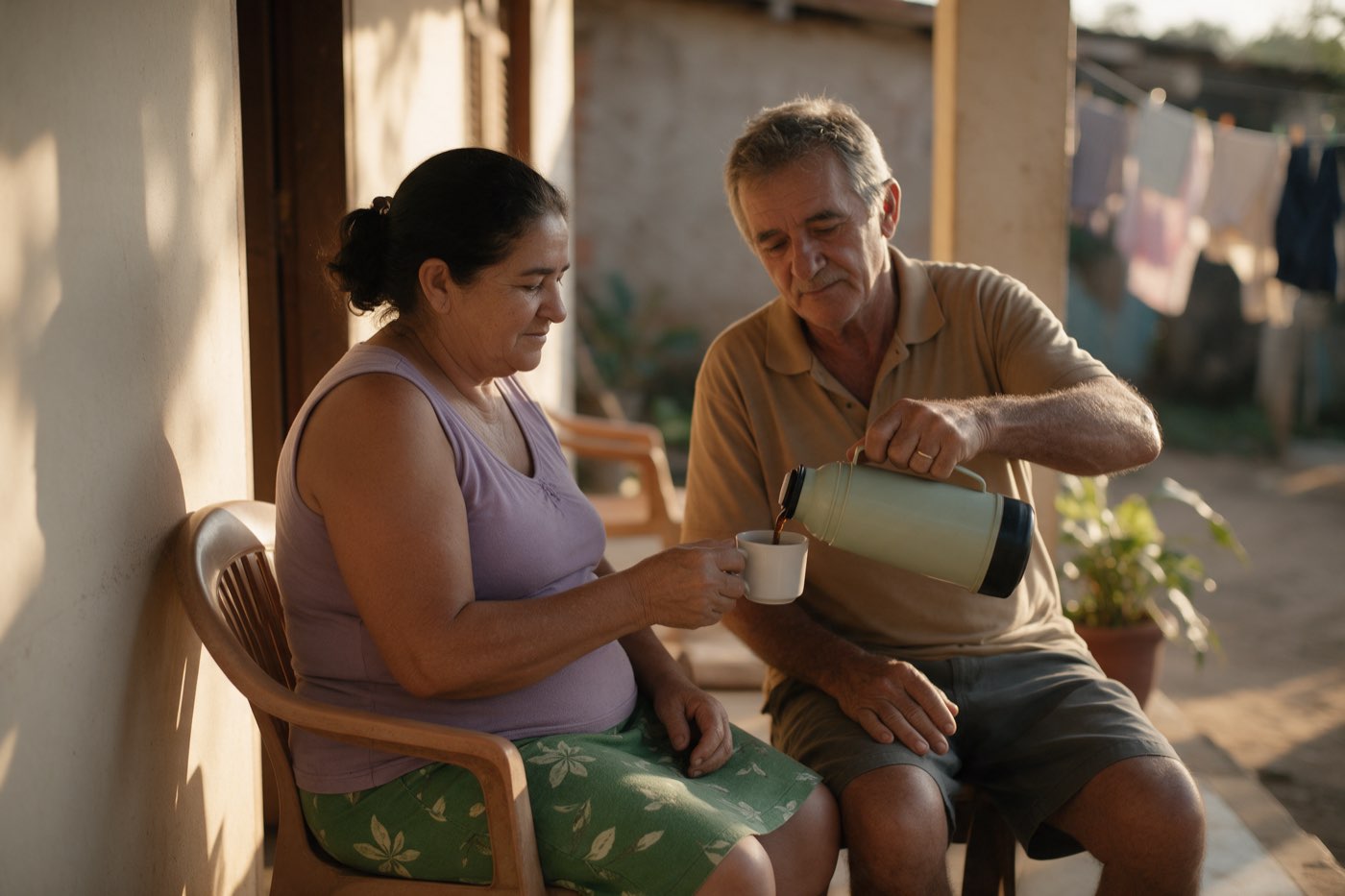 Um casal de idosos sentado na varanda de casa no fim da tarde, um servindo café da garrafa térmica na xícara do outro.