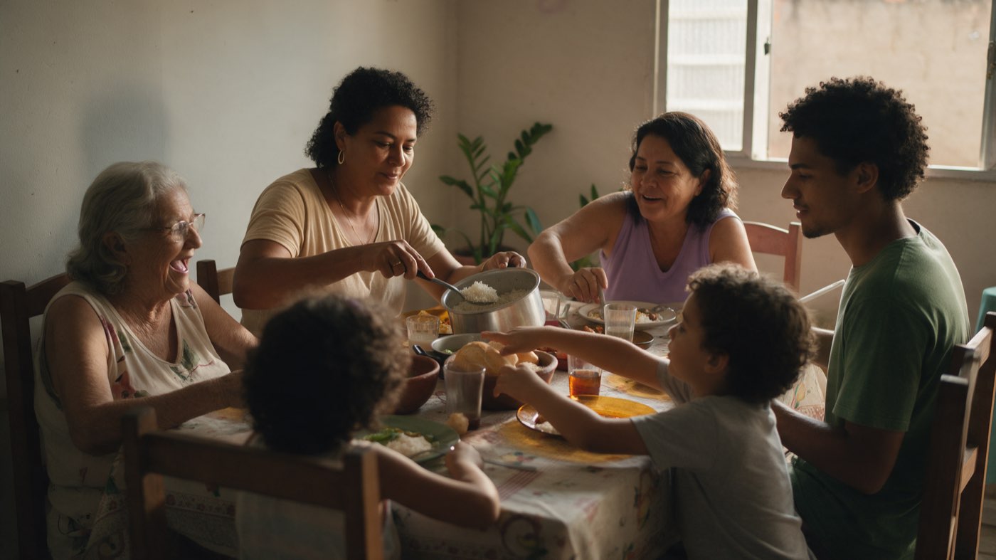 Seis pessoas de três gerações da mesma família em volta da mesa do almoço, uma delas servindo arroz da panela e uma criança esticando o braço para pegar pão.